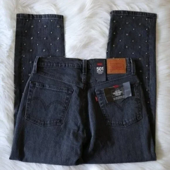 NWT Levis Jeans 501 Crop Crystal Jeans Size 27 Rhinestone High Rise Straight Leg